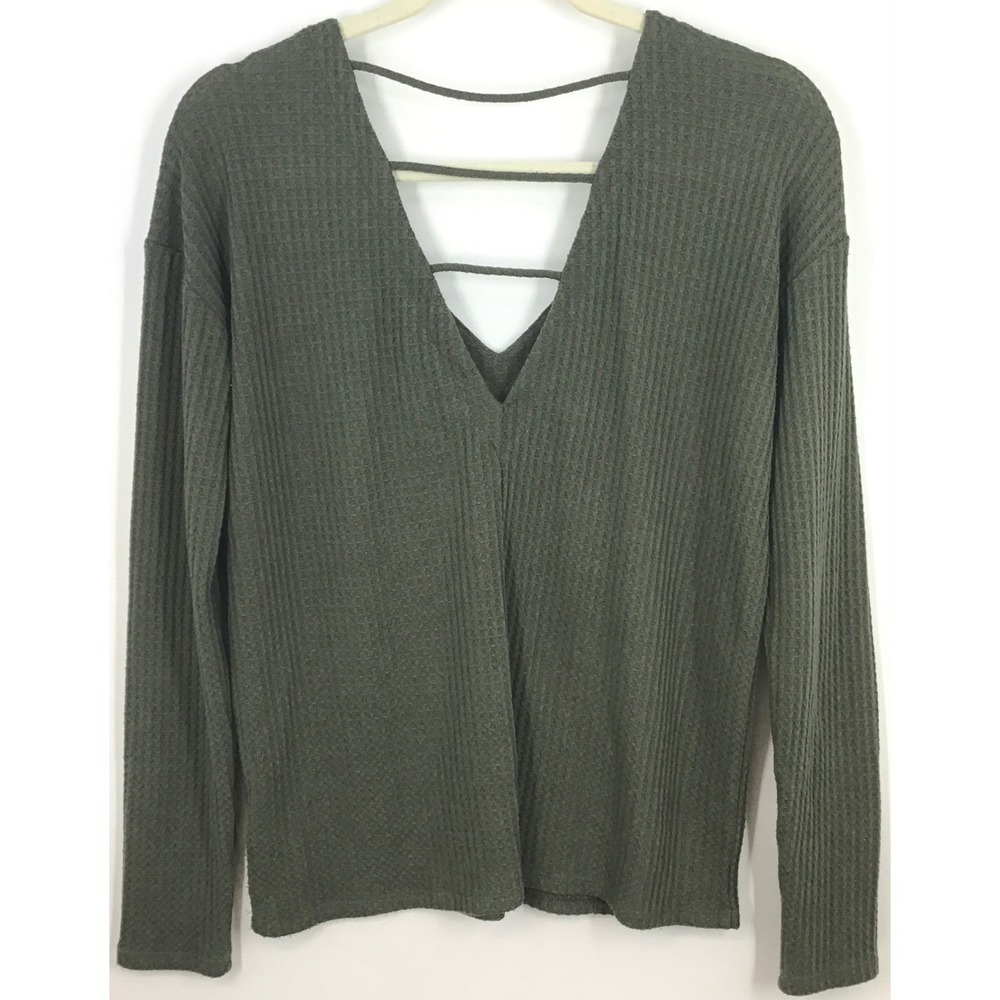 Express Y2K Olive Green Waffle Knit V-Neck Long Sleeve Top Strappy Ladder Back S